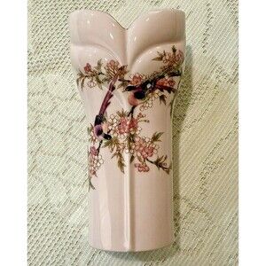 Cherry Blossom 7" Japanese Corset Shape Pink Porcelain Birds Floral Art Vase